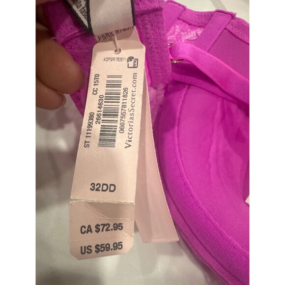 Victorias Secret Pink Lace Lightly Lined Push-Up Bra 32DD Adjustable Straps & Ho - Picture 3 of 6